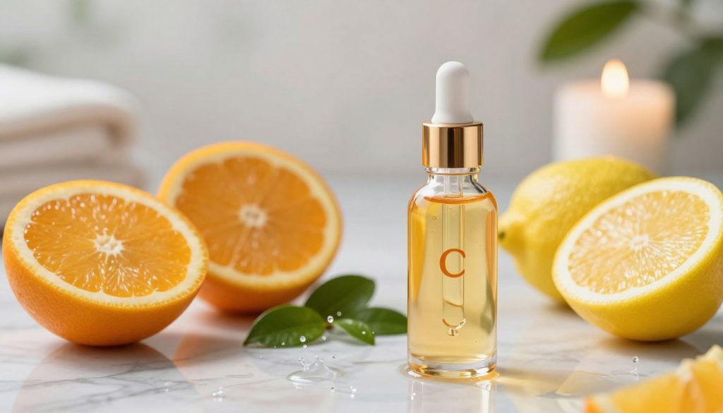 A close-up of a luxurious glass dropper bottle of vitamin C serum, glistening under soft, diffused natural light, positioned on a marble countertop. In the foreground, vibrant orange and yellow citrus fruits like oranges and lemons, symbolizing vitamin C sources, are elegantly arranged, reflecting a fresh and healthy vibe. In the middle, delicate green leaves and gentle splashes of water add a fresh touch, embodying vitality and hydration. The background features a softly blurred spa-like setting with hints of plants and candles, creating a soothing atmosphere. The overall mood is bright, inviting, and rejuvenating, perfect for illustrating the benefits of vitamin C for glowing skin. A close-up of a luxurious glass dropper bottle of vitamin C serum, glistening under soft, diffused natural light, positioned on a marble countertop. In the foreground, vibrant orange and yellow citrus fruits like oranges and lemons, symbolizing vitamin C sources, are elegantly arranged, reflecting a fresh and healthy vibe. In the middle, delicate green leaves and gentle splashes of water add a fresh touch, embodying vitality and hydration. The background features a softly blurred spa-like setting with hints of plants and candles, creating a soothing atmosphere. The overall mood is bright, inviting, and rejuvenating, perfect for illustrating the benefits of vitamin C for glowing skin.