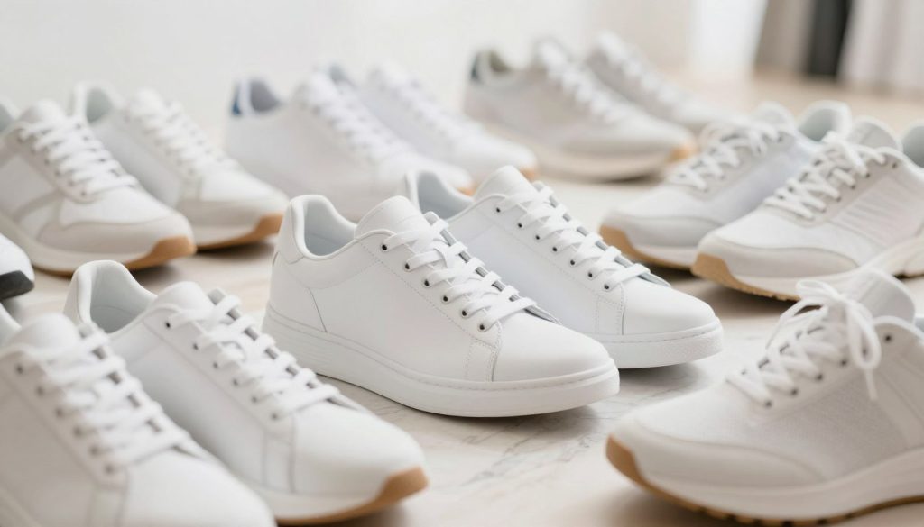 A close-up shot of an elegant display of various styles of white sneakers, showcasing their unique designs and textures. The foreground features three different pairs: a sleek, minimalist sneaker with clean lines, a retro-style high-top with classic detailing, and a sporty athletic model. The middle layer includes subtle elements like a soft textured surface, perhaps a wooden table or marble, which complements the fresh white sneakers. The background fades softly into a bright, airy ambiance filled with natural light, creating a clean and modern atmosphere. The overall mood is sophisticated yet casual, perfect for highlighting how these sneakers can elevate any outfit. The image should be well-lit, capturing the details and materials of the sneakers with a shallow depth of field for a professional feel.
