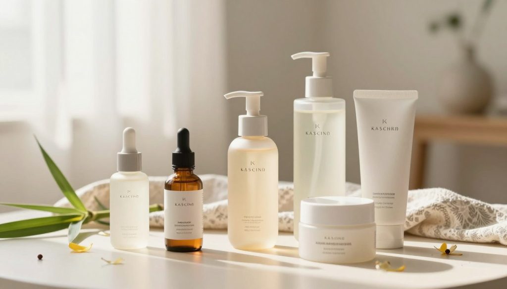 A serene and elegant display of a K-beauty philosophy-inspired skincare routine, featuring a beautifully arranged table in the foreground with several essential Korean skincare products like serums, essences, and moisturizers showcasing their minimalist and chic packaging. In the middle, include a soft, patterned fabric as a backdrop with natural elements such as bamboo and delicate flower petals for a touch of nature. The background should be softly blurred, hinting at a tranquil indoor space with gentle sunlight filtering through sheer curtains, creating warm, inviting lighting. The atmosphere is calm and rejuvenating, embodying the essence of self-care and the belief in nurturing the skin, perfect for encouraging a mindful skincare ritual.