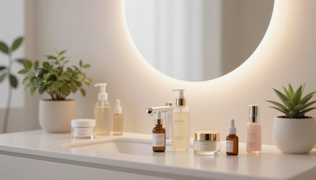 A serene bathroom setting with a softly lit ambiance, conveying tranquility and self-care. In the foreground, a beautifully arranged vanity table featuring an array of high-quality anti-aging skincare products, such as serums, moisturizers, and eye creams, elegantly displayed in sophisticated glass containers. In the middle, a clean, well-organized space with a plush, luminous mirror reflecting gentle lighting, creating a warm glow that enhances the atmosphere. In the background, tasteful potted plants add a touch of nature, symbolizing rejuvenation. The color palette includes soft pastels and whites, evoking a sense of peace and purity. The composition captures the essence of youthful radiance and encourages a calm, luxurious skincare routine for a glowing complexion.