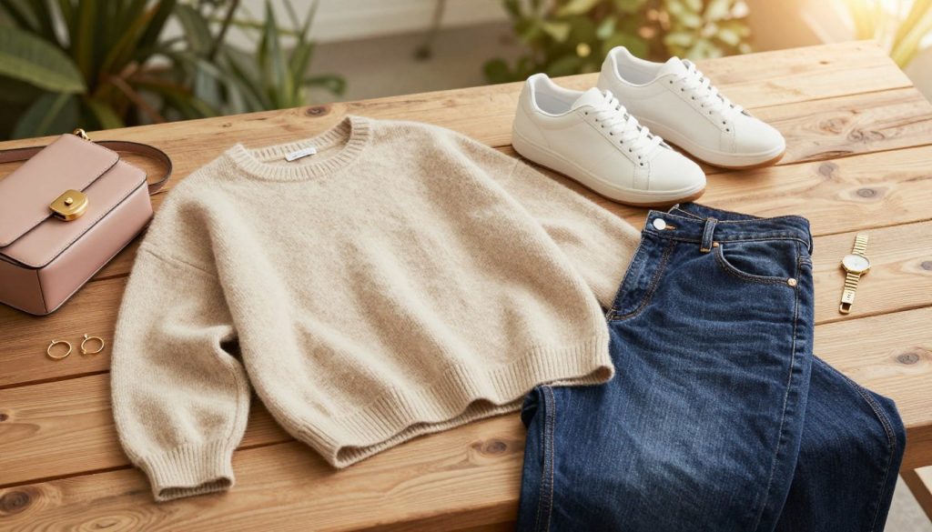 A stylish flat lay of a casual outfit for daily wear. In the foreground, feature a cozy oversized sweater in soft beige, paired with relaxed-fit dark denim jeans. Include a pair of trendy white sneakers and a chic crossbody bag in muted pastel colors. Scatter some accessories like minimalist gold hoop earrings and a delicate watch nearby. In the middle, showcase a textured wooden surface to enhance the natural feel. In the background, create a softly blurred outdoor setting with greenery and a hint of sunlight filtering through, conveying a fresh and inviting atmosphere. Capture the scene with warm, soft lighting to evoke a sense of comfort and inspiration. The overall mood should be casual, stylish, and approachable, perfect for refreshing a wardrobe.