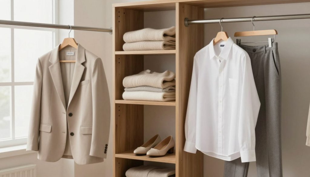 A stylish, minimalist wardrobe setup featuring neatly organized clothing pieces in neutral colors, such as beige, white, and grey. In the foreground, a simplified clothing rack displaying essential items like a tailored blazer, a classic white shirt, and versatile trousers. In the middle, a wooden shelving unit showcasing folded sweaters and a couple of stylish shoes, all arranged in an aesthetically pleasing manner. In the background, a softly lit room with a large window allowing natural light to filter in, creating a warm and inviting atmosphere. The scene conveys a sense of calm and simplicity, ideal for illustrating capsule wardrobe principles, with an emphasis on a clean, uncluttered design aesthetic. The lighting is soft and diffused, creating gentle shadows that enhance the texture of the fabrics.