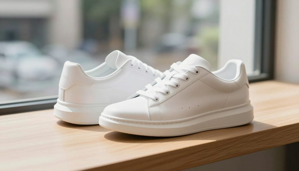 A stylish pair of pristine white sneakers elegantly placed on a clean, light wood surface. The shoes are well-lit, showcasing their smooth texture and classic design, accentuated by soft natural lighting filtering through a nearby window. In the background, a blurred urban setting hints at a fashionable city life, with soft-focus greenery and subtle architectural elements. The angle is slightly above, providing a visual depth that draws attention to the footwear in the foreground while creating a bright and inviting atmosphere. The overall mood is fresh and inspiring, resonating with the theme of maintaining the beauty of white shoes. The image should be free of any text, watermarks, or signatures, purely focusing on the elegant sneakers.