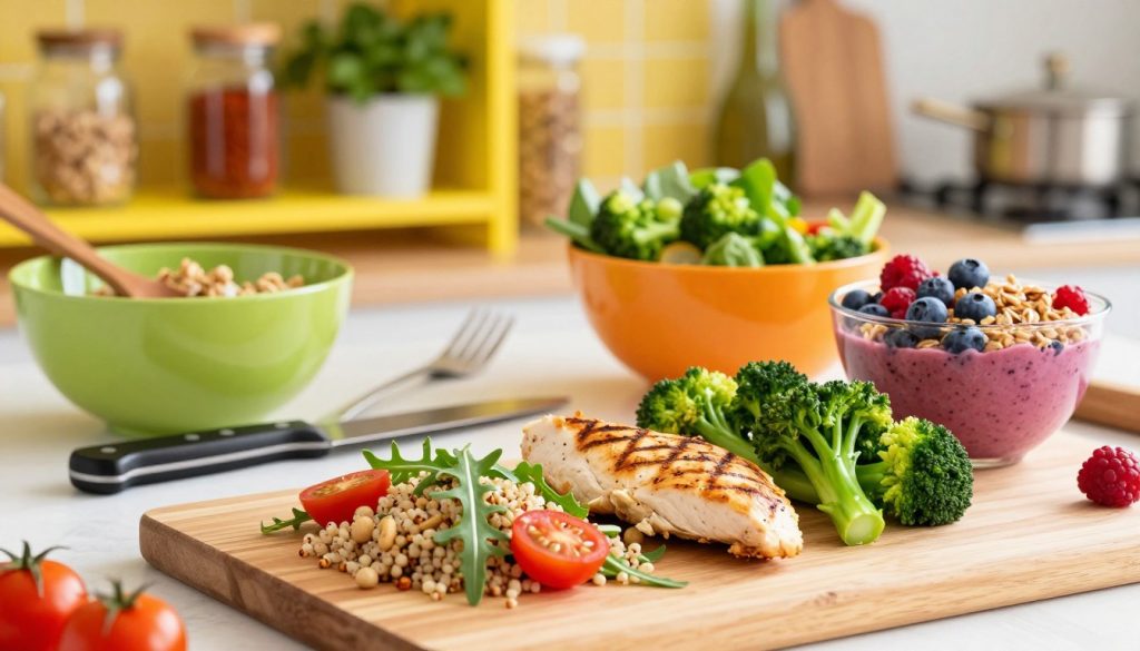 A vibrant kitchen scene featuring an array of quick and healthy meal options. In the foreground, a colorful wooden cutting board displays freshly prepared dishes such as a quinoa salad with cherry tomatoes and arugula, grilled chicken breast with steamed broccoli, and a smoothie bowl topped with berries and granola. In the middle, various utensils, like a chef's knife and a vibrant salad bowl, create an inviting atmosphere. In the background, bright kitchen shelves hold jars of spices and fresh herbs, adding authenticity. The lighting is warm and bright, enhancing the freshness of the ingredients, captured with a shallow depth of field for focus. The overall mood is energetic and inviting, perfect for busy individuals seeking healthy meal inspiration.