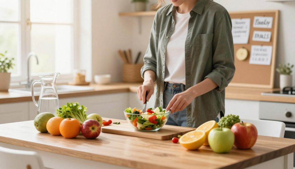 A well-organized kitchen setting in a bright, airy atmosphere, symbolizing healthy weight loss strategies. In the foreground, a wooden dining table is adorned with vibrant fruits and vegetables, along with a colorful salad and a water jug, emphasizing nutrition. In the middle ground, a person dressed in smart casual attire prepares a meal, appearing focused and content, showcasing the importance of cooking at home. The background features soft sunlight filtering through a window, highlighting a corkboard with handwritten meal plans and motivational quotes about healthy eating. The overall mood is uplifting and motivating, encouraging viewers to adopt sustainable weight loss habits, with a warm color palette to enhance the inviting feel of the scene.